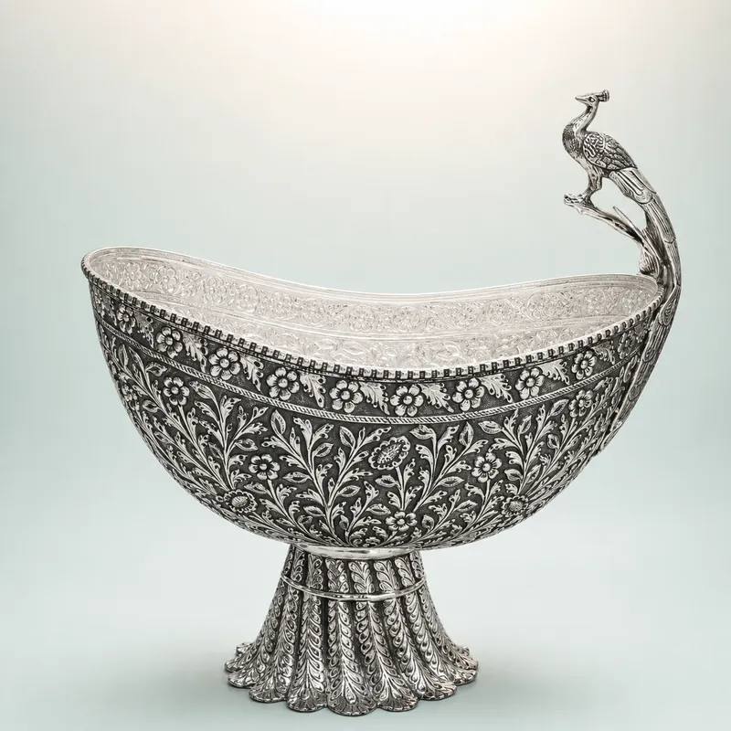 Peacock-Finial Footed Boat Bowl (1345g) — oxidised regal footed bowl - front - 925 Sterling Silver