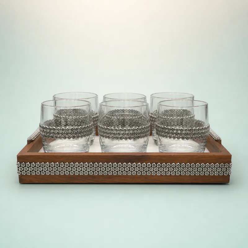 Silver-Band Tumbler Set of 6 with Wooden Tray — Daisy-Rosette (123g) — glass & silver drinkware set - front - 925 Sterling Silver