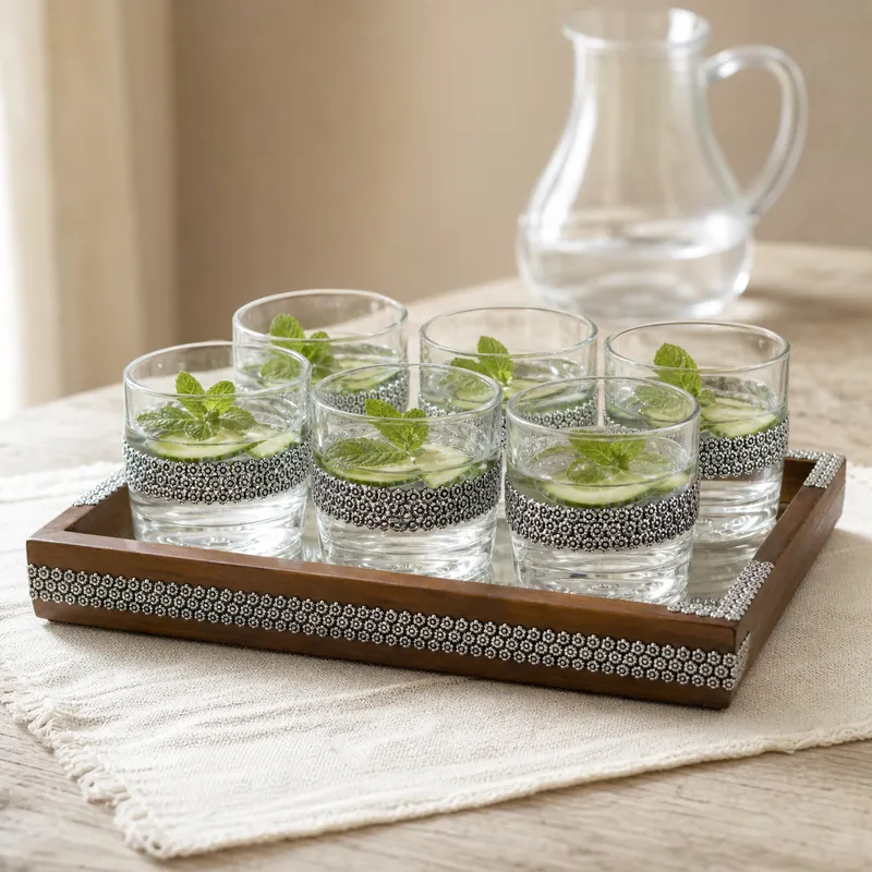 Silver-Band Tumbler Set of 6 with Wooden Tray — Daisy-Rosette (123g) — glass & silver drinkware set - detail - 925 Sterling Silver