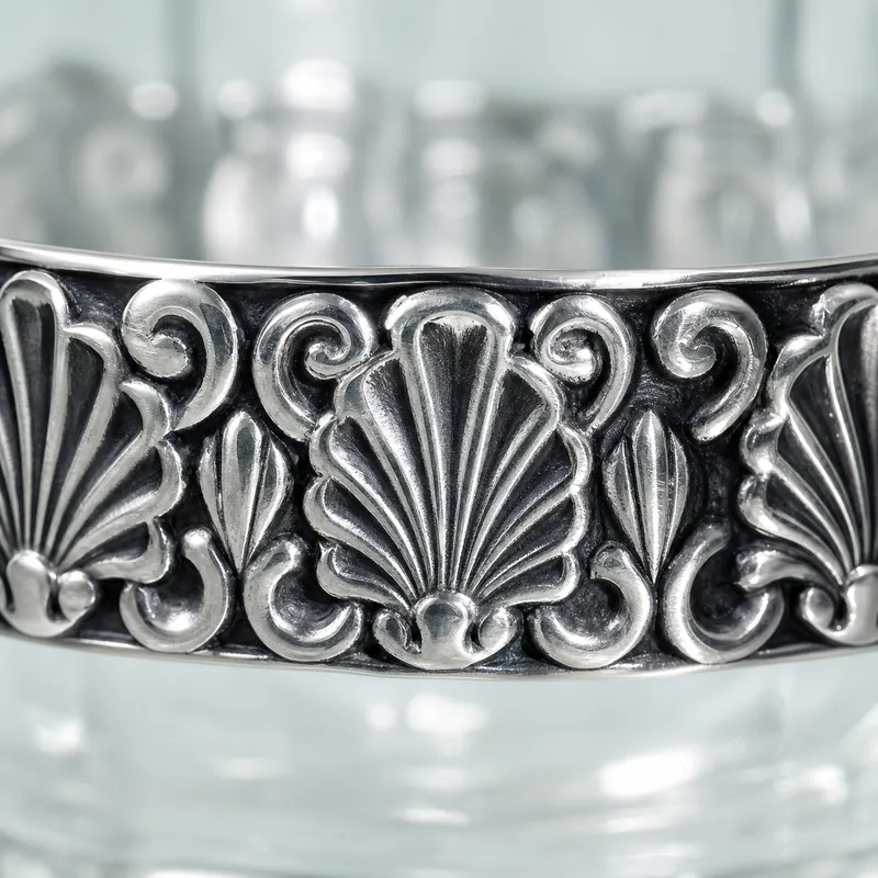 Silver-Band Tumbler Set of 6 with Wooden Tray — Daisy-Rosette (123g) — glass & silver drinkware set - alternate view - 925 Sterling Silver