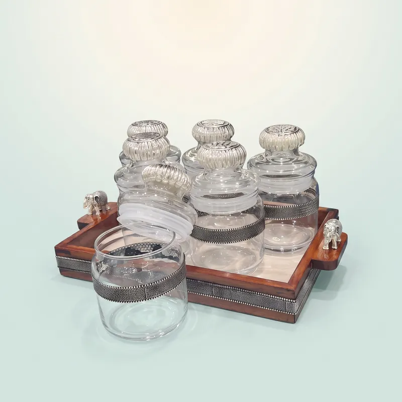 Silver-Band Tumbler Set of 6 with Wooden Tray — Floral-Scroll — glass & silver drinkware set - front - 925 Sterling Silver