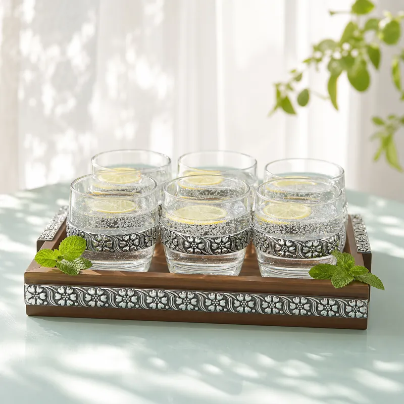 Silver-Band Tumbler Set of 6 with Wooden Tray — Floral-Scroll — glass & silver drinkware set - detail - 925 Sterling Silver