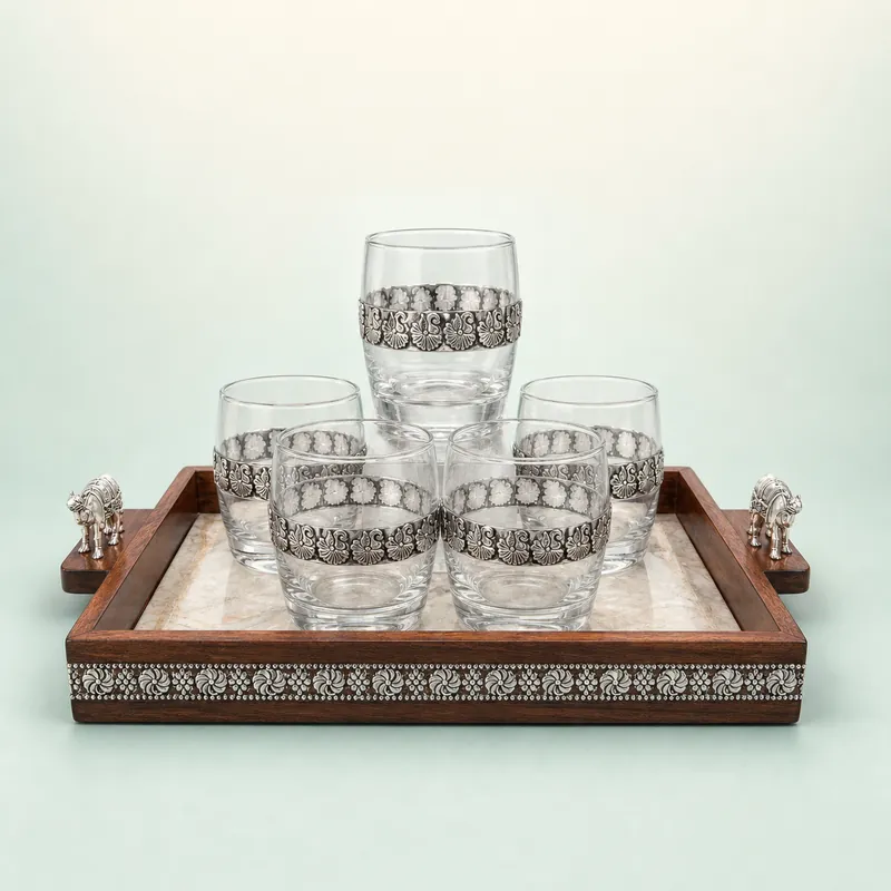 Silver-Band Tumbler Set of 6 with Wooden Tray — Paisley-Scroll — glass & silver drinkware set - front - 925 Sterling Silver