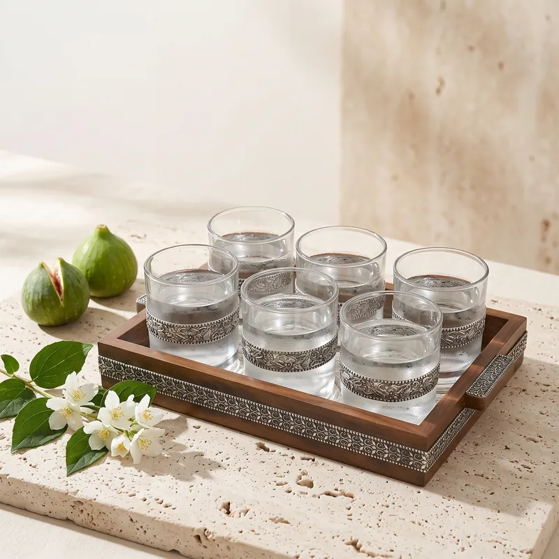 Silver-Band Tumbler Set of 6 with Wooden Tray — Paisley-Scroll — glass & silver drinkware set - detail - 925 Sterling Silver