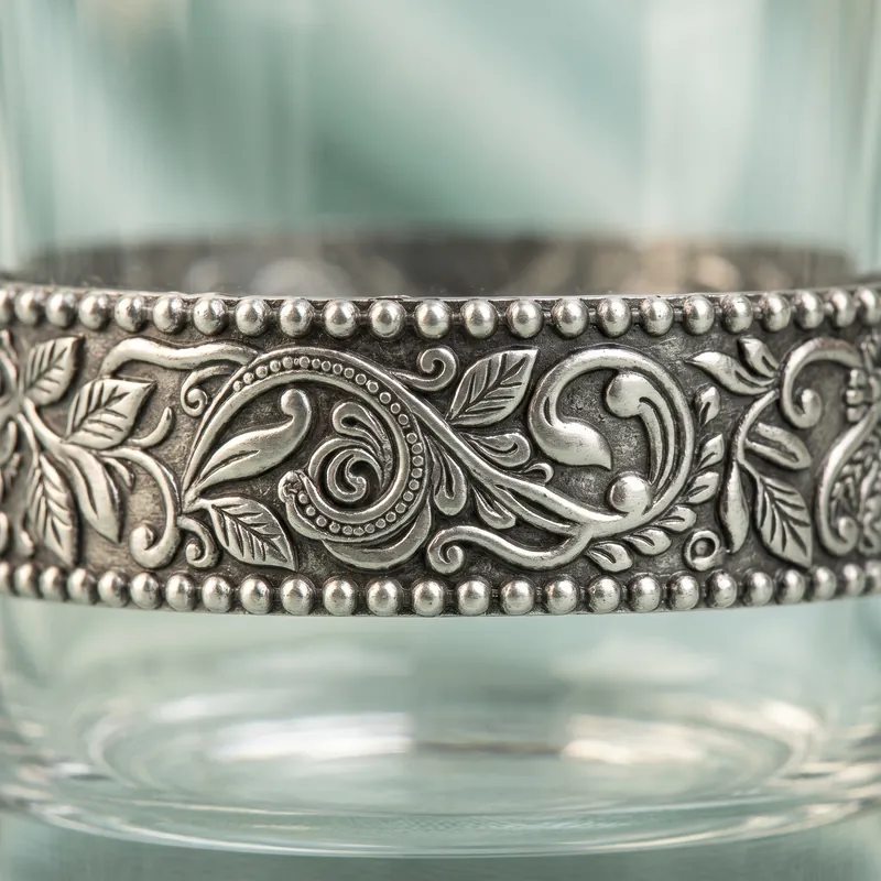 Silver-Band Tumbler Set of 6 with Wooden Tray — Paisley-Scroll — glass & silver drinkware set - alternate view - 925 Sterling Silver