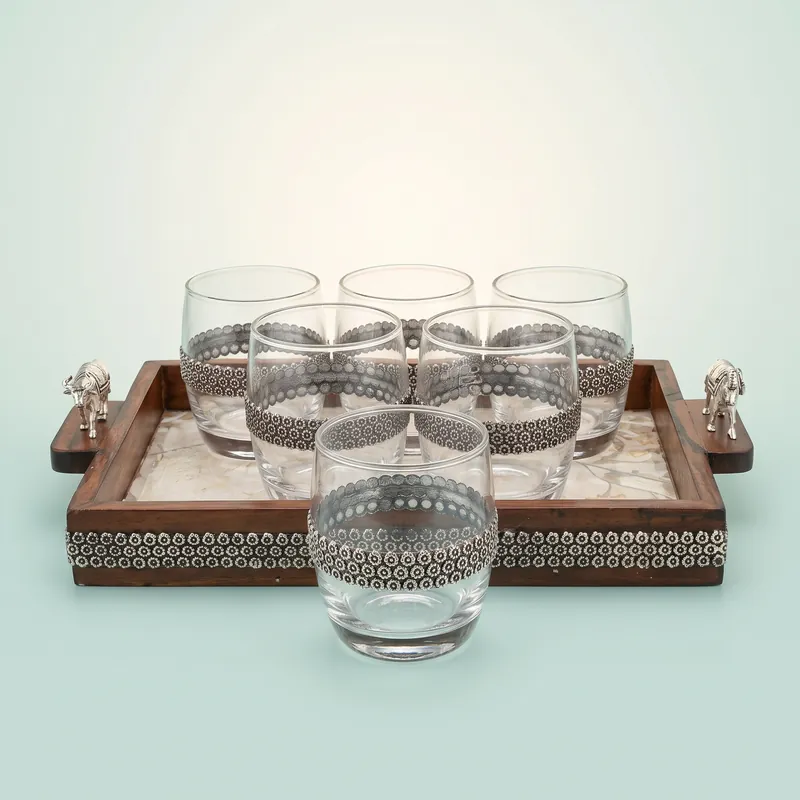 Silver-Band Tumbler Set of 6 with Wooden Tray — Elephant Procession — glass & silver drinkware set - front - 925 Sterling Silver