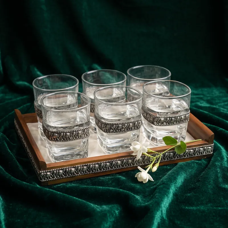 Silver-Band Tumbler Set of 6 with Wooden Tray — Elephant Procession — glass & silver drinkware set - detail - 925 Sterling Silver