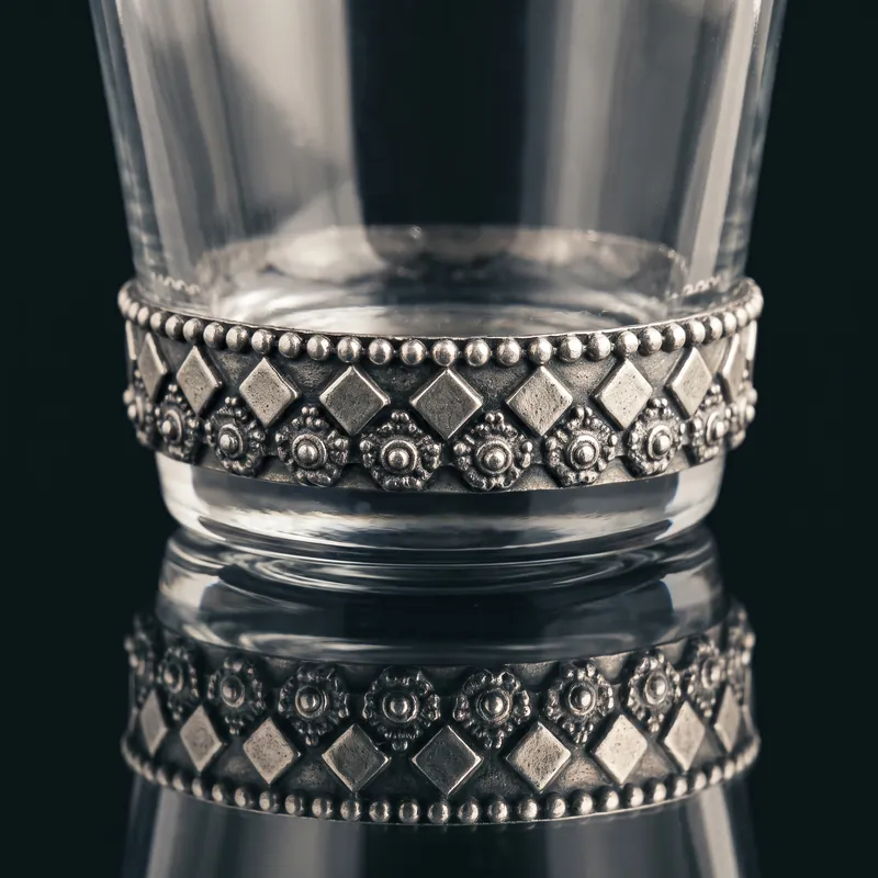 Silver-Band Tumbler Set of 6 with Wooden Tray — Diamond-Beaded — glass & silver drinkware set - alternate view - 925 Sterling Silver