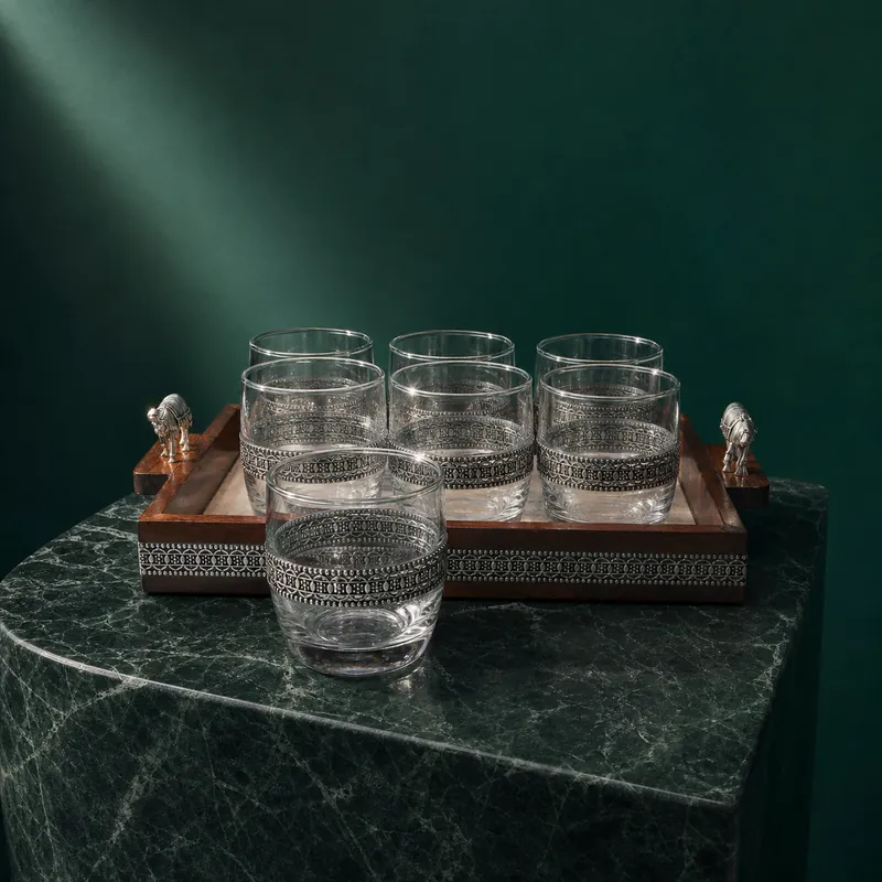 Silver-Band Tumbler Set of 6 with Wooden Tray — Dense Floral-Scroll — glass & silver drinkware set - detail - 925 Sterling Silver
