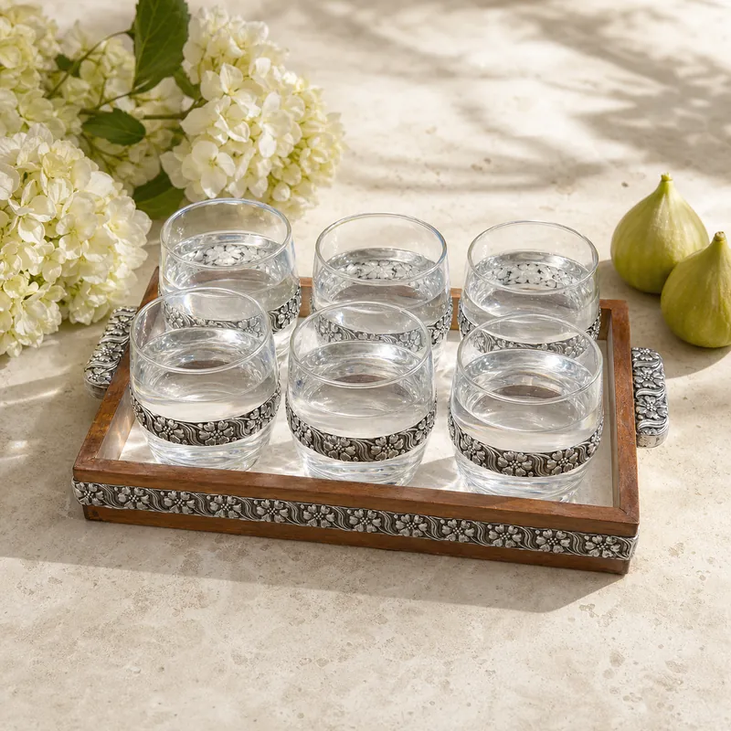 Silver-Band Tumbler Set of 6 with Wooden Tray — Floral-Blossom — glass & silver drinkware set - detail - 925 Sterling Silver