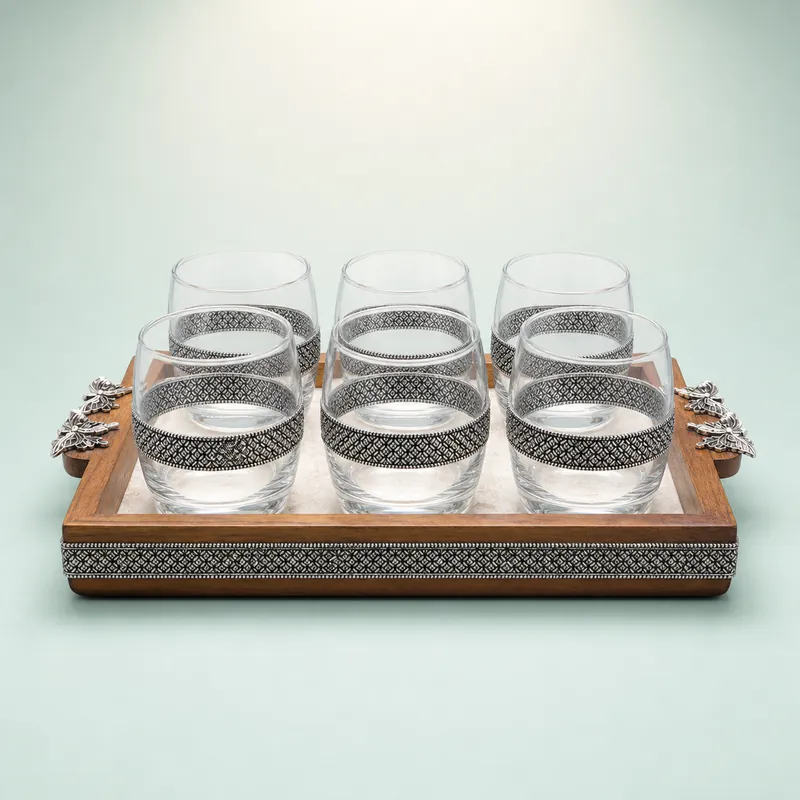 Silver-Band Tumbler Set of 6 with Wooden Tray — Diamond Cross-Hatch — glass & silver drinkware set - front - 925 Sterling Silver