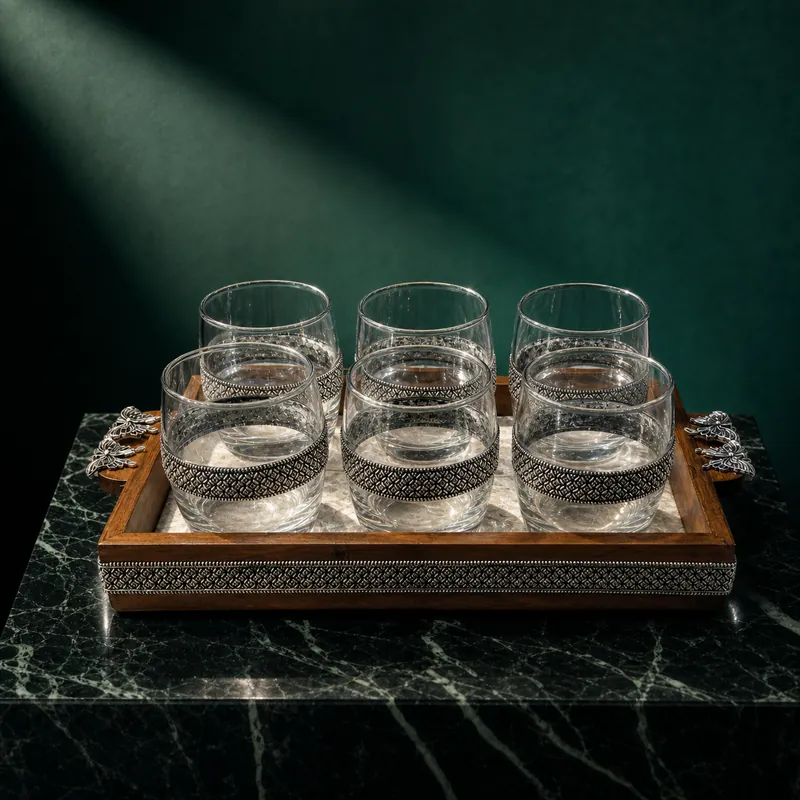 Silver-Band Tumbler Set of 6 with Wooden Tray — Diamond Cross-Hatch — glass & silver drinkware set - detail - 925 Sterling Silver