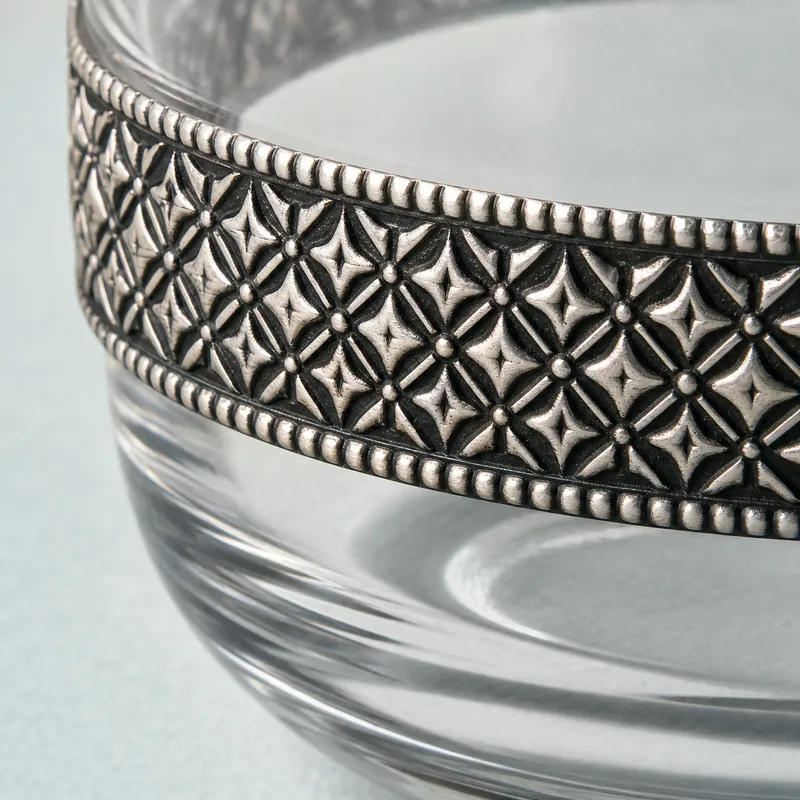 Silver-Band Tumbler Set of 6 with Wooden Tray — Diamond Cross-Hatch — glass & silver drinkware set - alternate view - 925 Sterling Silver