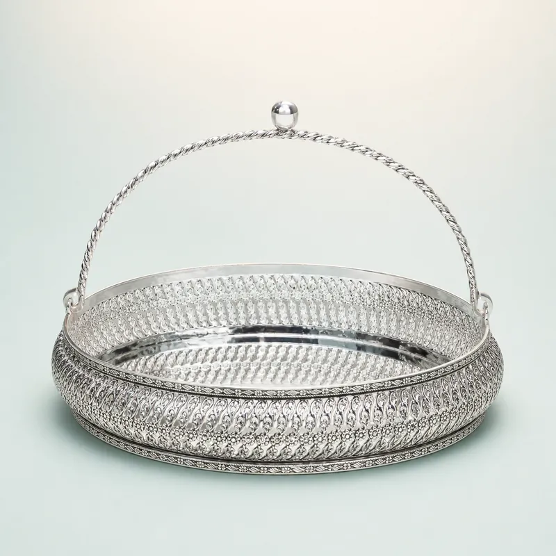 Matsya Fish-Finial Dry-Fruit Bowl / Basket - front - 925 Sterling Silver
