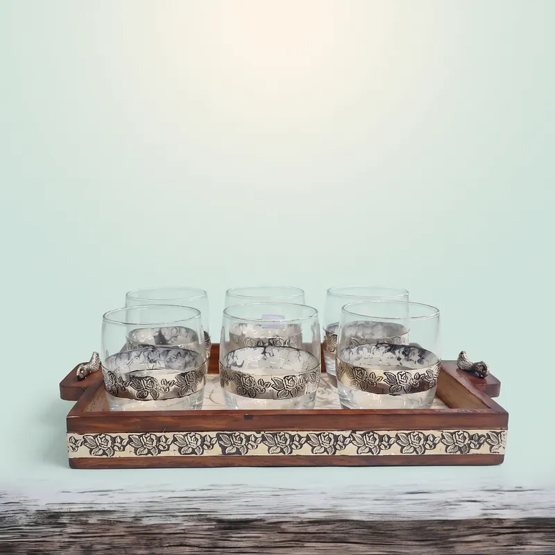 Songbird Rose-Band Tumbler Set of Six with Tray — barware set - front - 925 Sterling Silver