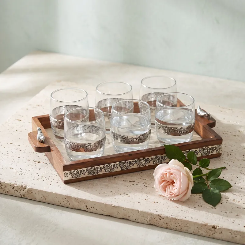 Songbird Rose-Band Tumbler Set of Six with Tray — barware set - detail - 925 Sterling Silver