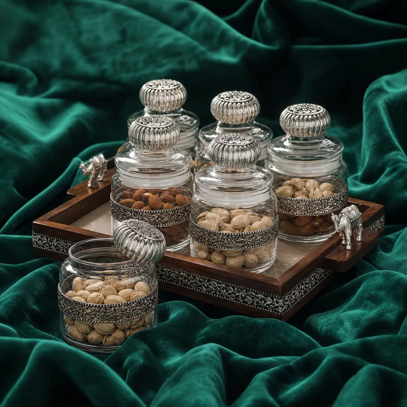 Royal Heirloom Glass Storage Jar Set of Six with Tray — serveware set - detail - 925 Sterling Silver