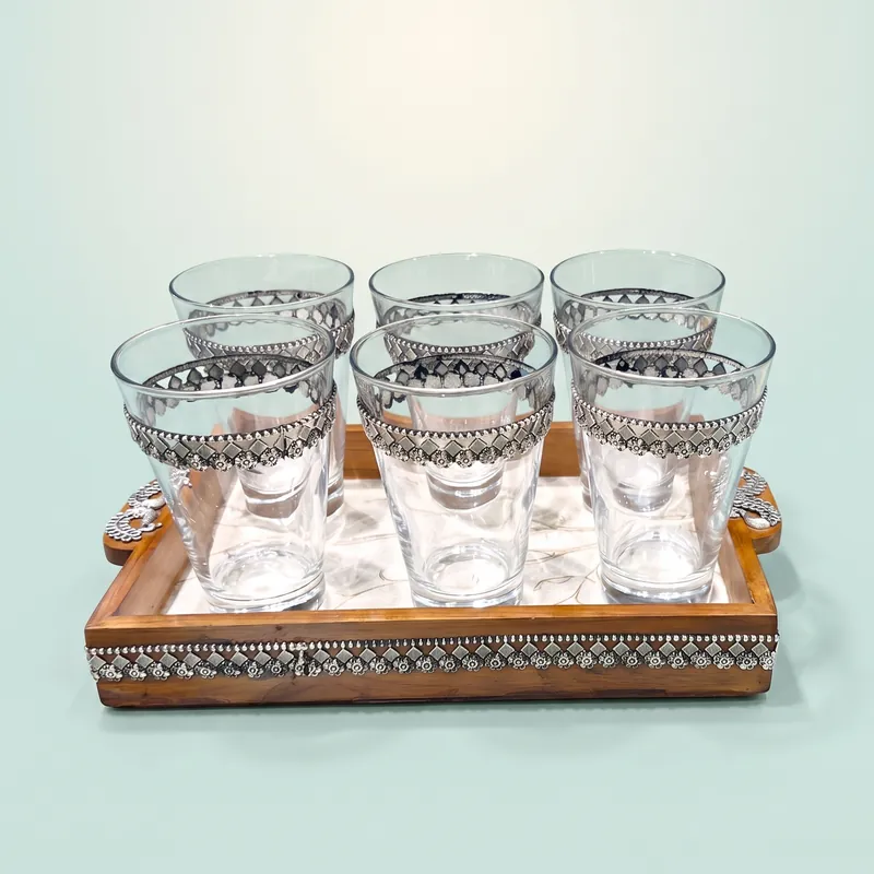 Paisley-Vine Band Tumbler Set of Six with Tray — barware set - front - 925 Sterling Silver