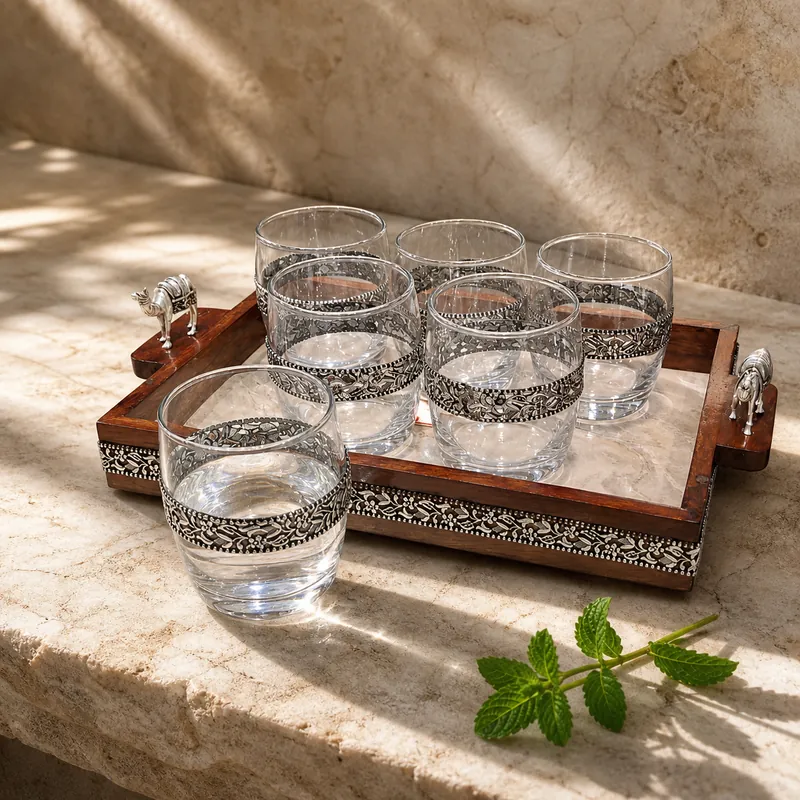Paisley-Vine Band Tumbler Set of Six with Tray — barware set - detail - 925 Sterling Silver