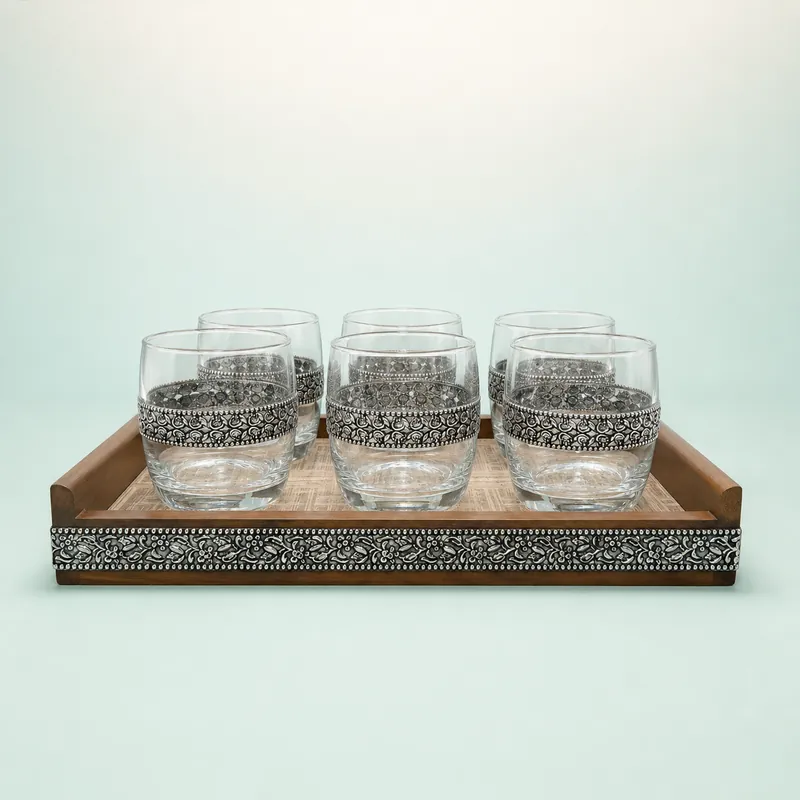 Tribal Panel-Band Tumbler Set of Six with Tray — barware set - front - 925 Sterling Silver