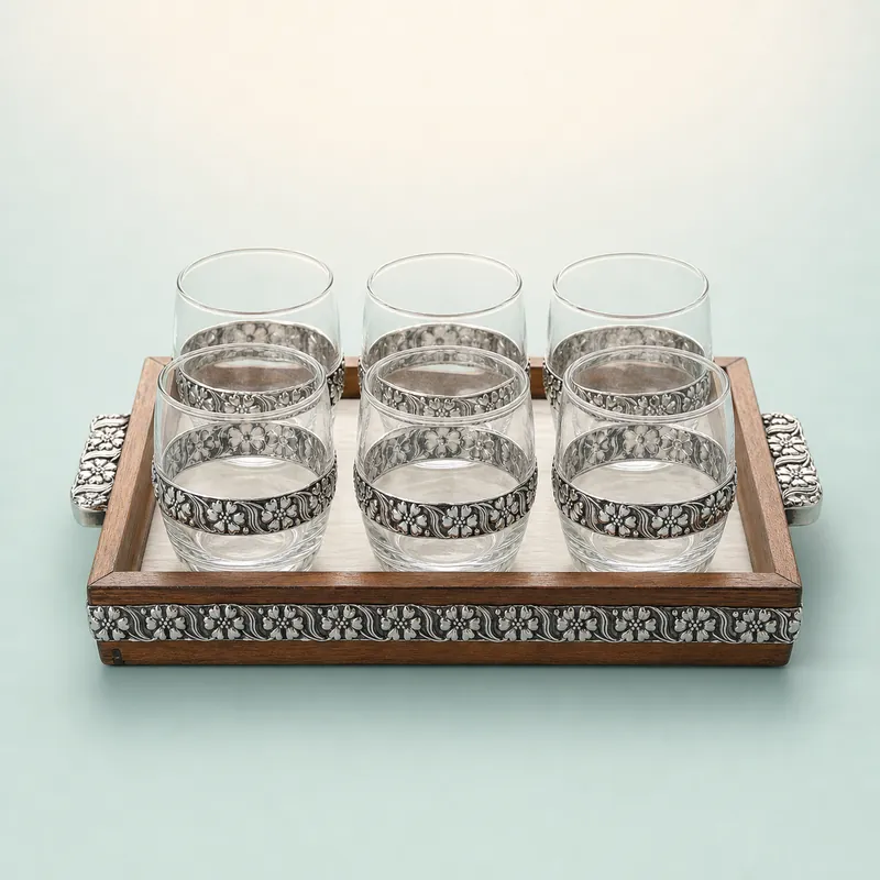 Marguerite Daisy-Band Tumbler Set of Six with Tray, Classic — barware set - front - 925 Sterling Silver