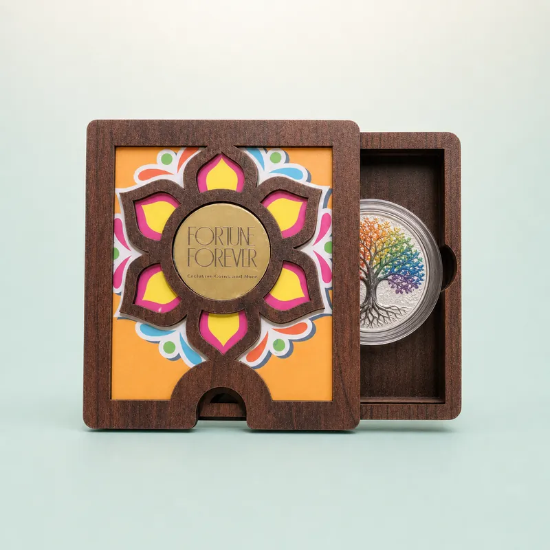 Lotus Laser-Cut Wooden Coin Gift Box — Tree-of-Life Coin - front - 925 Sterling Silver