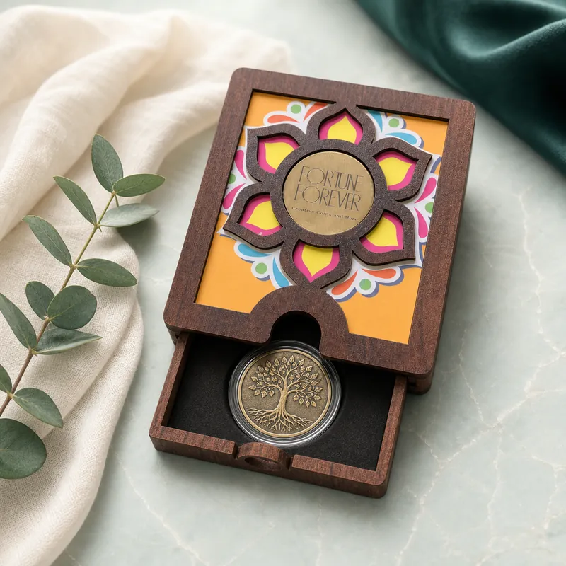 Lotus Laser-Cut Wooden Coin Gift Box — Tree-of-Life Coin - detail - 925 Sterling Silver