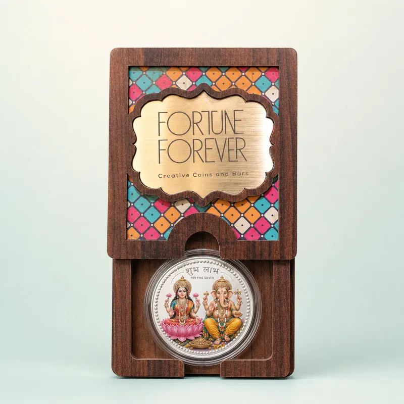 Brass-Cartouche Wooden Coin Gift Box — Lakshmi & Ganesha "Shubh Labh" Coin - front - 925 Sterling Silver