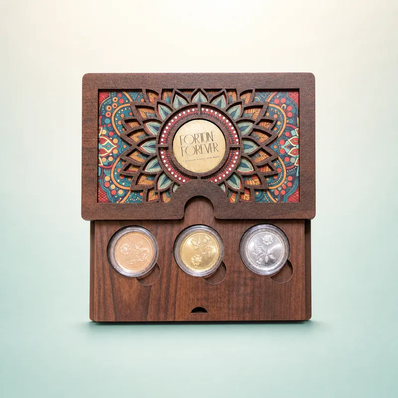 Landscape Mandala Wooden Trio Box — Three-Tone Rose-Motif Coin Set - front - 925 Sterling Silver