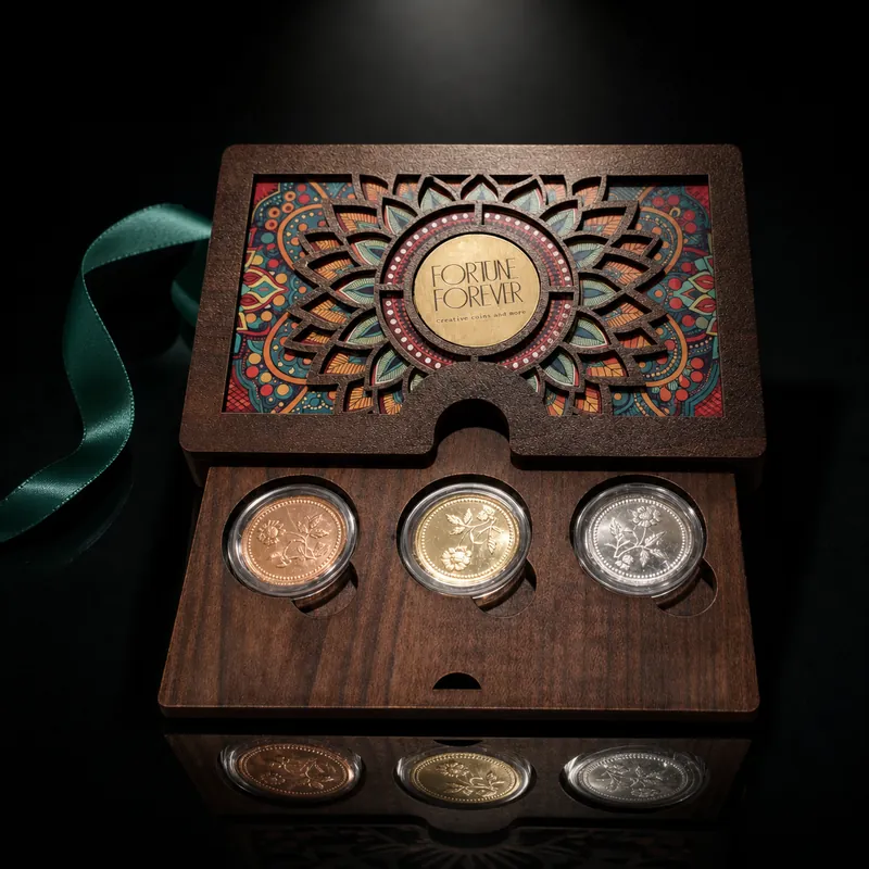 Landscape Mandala Wooden Trio Box — Three-Tone Rose-Motif Coin Set - detail - 925 Sterling Silver