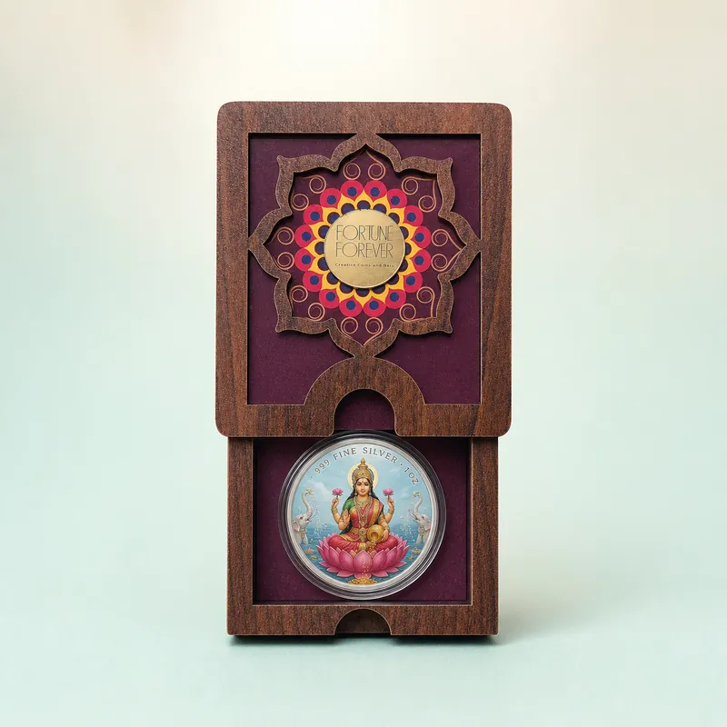 Plum Lotus-Arch Wooden Coin Gift Box — Lakshmi on Lotus Coin - front - 925 Sterling Silver