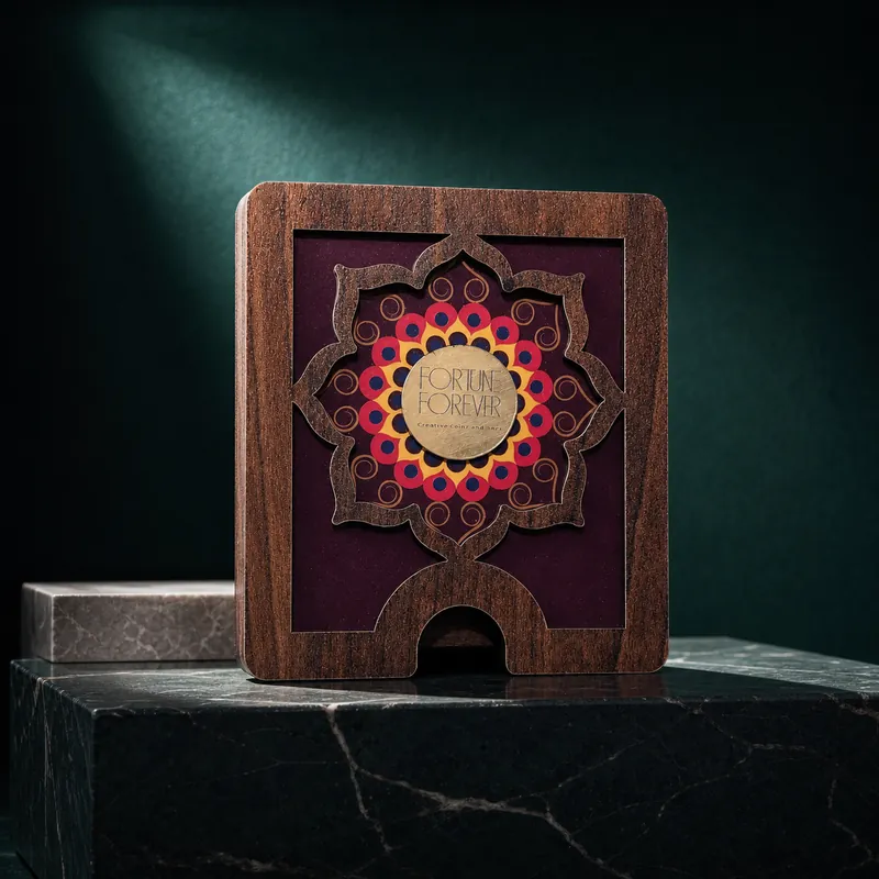 Plum Lotus-Arch Wooden Coin Gift Box — Lakshmi on Lotus Coin - detail - 925 Sterling Silver