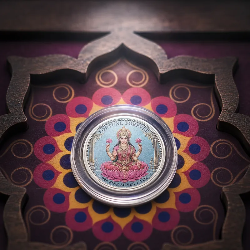 Plum Lotus-Arch Wooden Coin Gift Box — Lakshmi on Lotus Coin - alternate view - 925 Sterling Silver