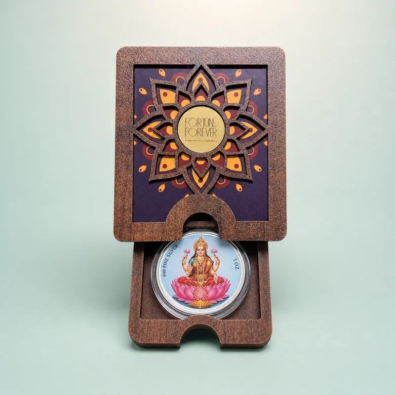 Amber Sunburst-Lotus Wooden Coin Gift Box — Lakshmi on Lotus Coin - front - 925 Sterling Silver