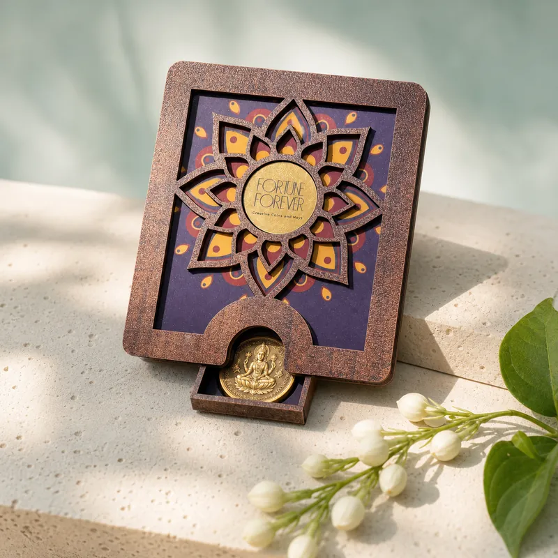 Amber Sunburst-Lotus Wooden Coin Gift Box — Lakshmi on Lotus Coin - detail - 925 Sterling Silver
