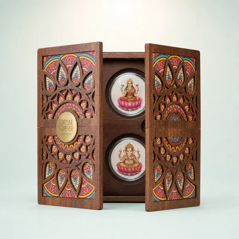 Double-Door Mandala Wooden Twin-Coin Gift Box — Lakshmi & Ganesha Pair - front - 925 Sterling Silver