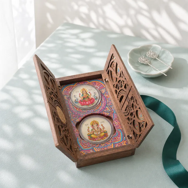 Double-Door Mandala Wooden Twin-Coin Gift Box — Lakshmi & Ganesha Pair - detail - 925 Sterling Silver
