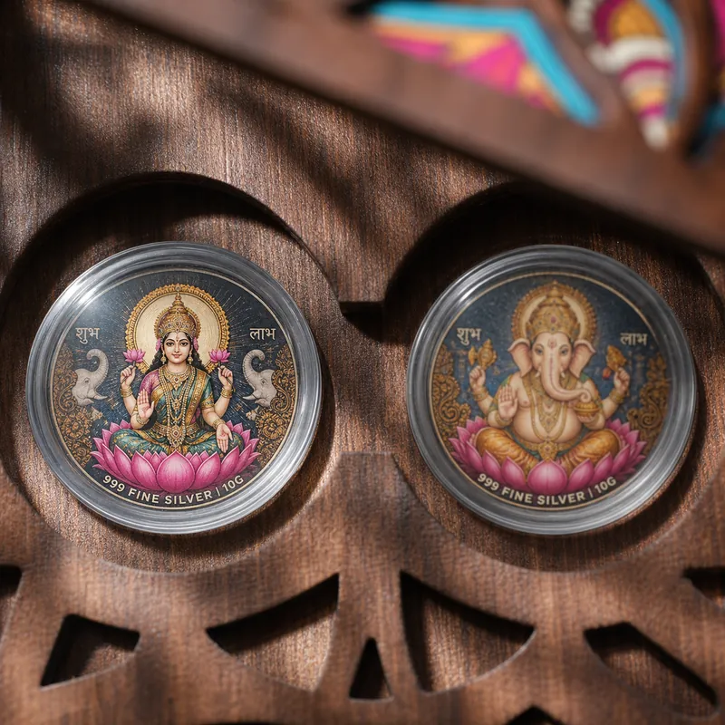 Double-Door Mandala Wooden Twin-Coin Gift Box — Lakshmi & Ganesha Pair - alternate view - 925 Sterling Silver