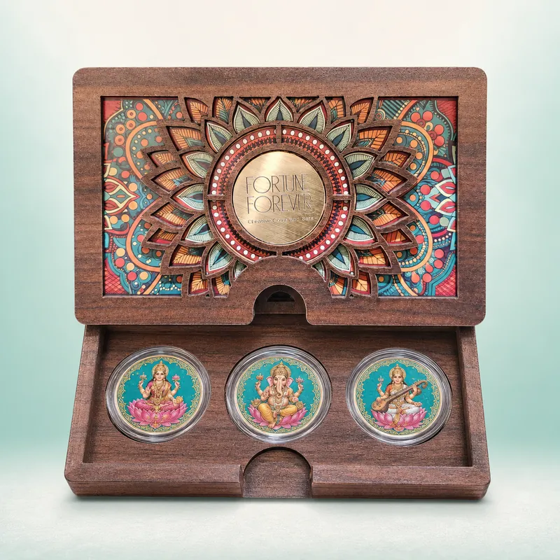 Grand Mandala Landscape Trio Box — Lakshmi · Ganesha · Saraswati Turquoise Coin Set — ★ BEST-SELLER - front - 925 Sterling Silver