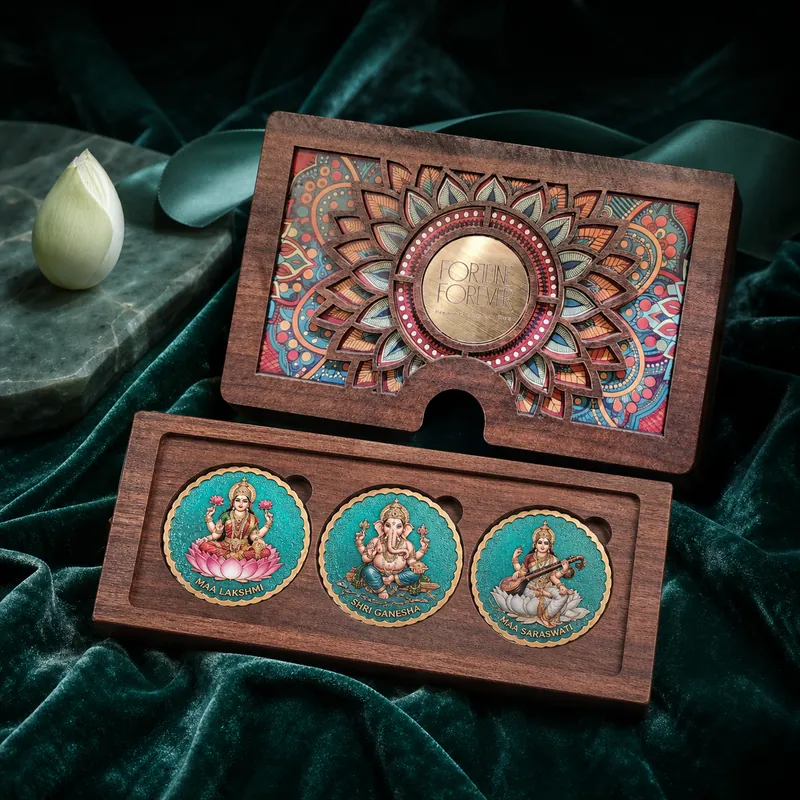 Grand Mandala Landscape Trio Box — Lakshmi · Ganesha · Saraswati Turquoise Coin Set — ★ BEST-SELLER - detail - 925 Sterling Silver