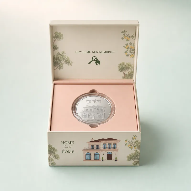 "Home Sweet Home" Griha Pravesh Gift Box — Silver House Coin - front - 925 Sterling Silver