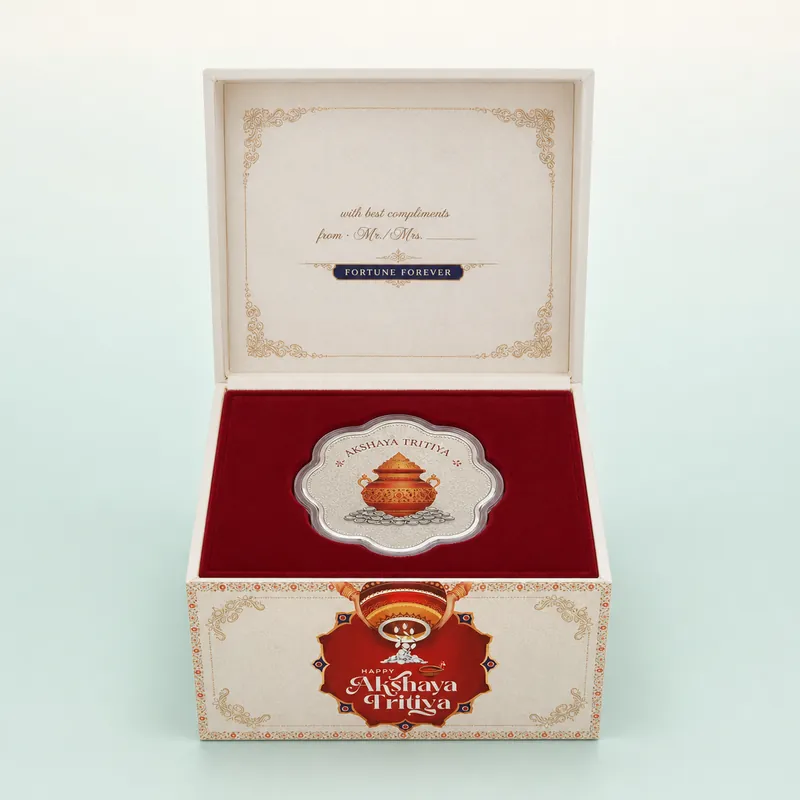 "Happy Akshaya Tritiya" Festival Gift Box — Colour-Printed Festival Coin - front - 925 Sterling Silver