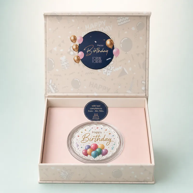 "Happy Birthday" Balloon Gift Box — Colour-Printed Birthday Coin - front - 925 Sterling Silver