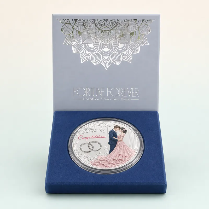 Silver-Foil Mandala Square Gift Box with "Congratulations" Couple Coin - front - 925 Sterling Silver