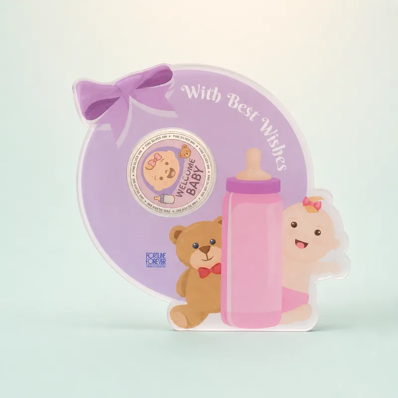 Lavender Round "Welcome Baby" Teddy Coin Card - front - 925 Sterling Silver