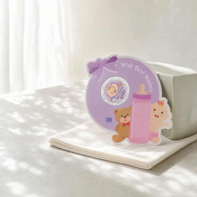 Lavender Round "Welcome Baby" Teddy Coin Card - detail - 925 Sterling Silver