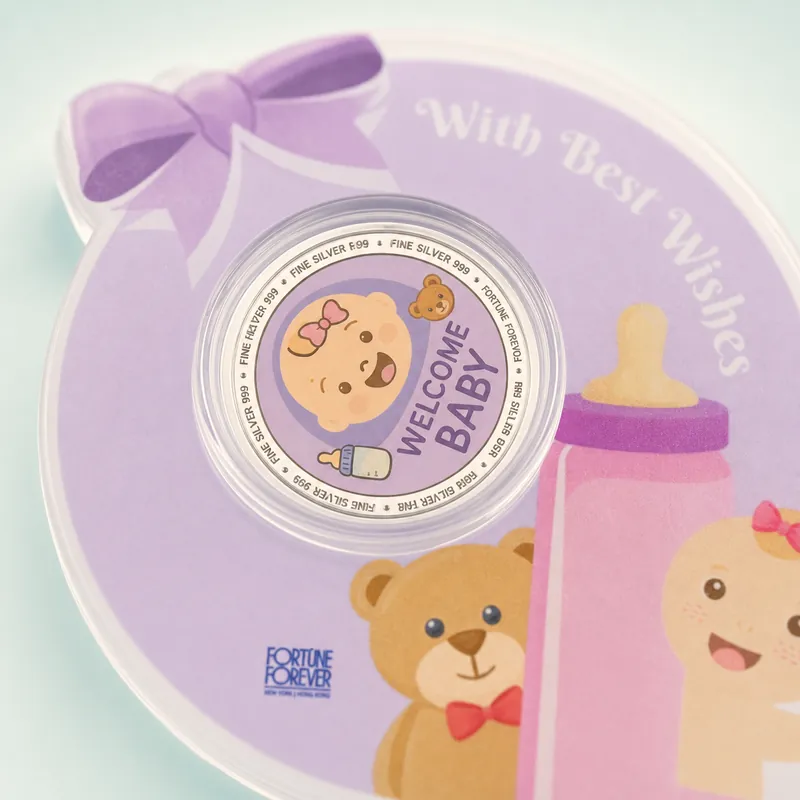 Lavender Round "Welcome Baby" Teddy Coin Card - alternate view - 925 Sterling Silver