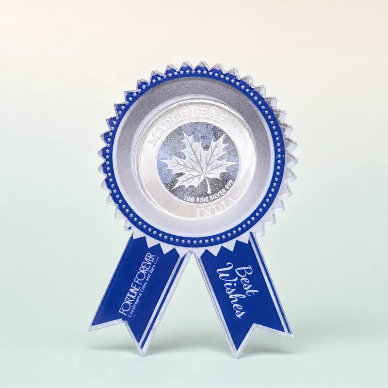 Blue Rosette Award-Ribbon Coin Holder — Maple Leaf 10 g - front - 925 Sterling Silver