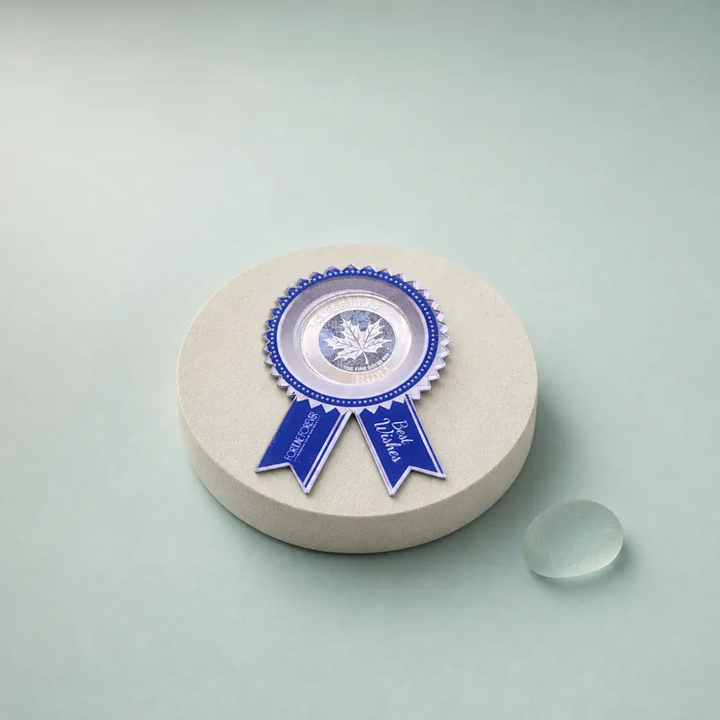 Blue Rosette Award-Ribbon Coin Holder — Maple Leaf 10 g - detail - 925 Sterling Silver