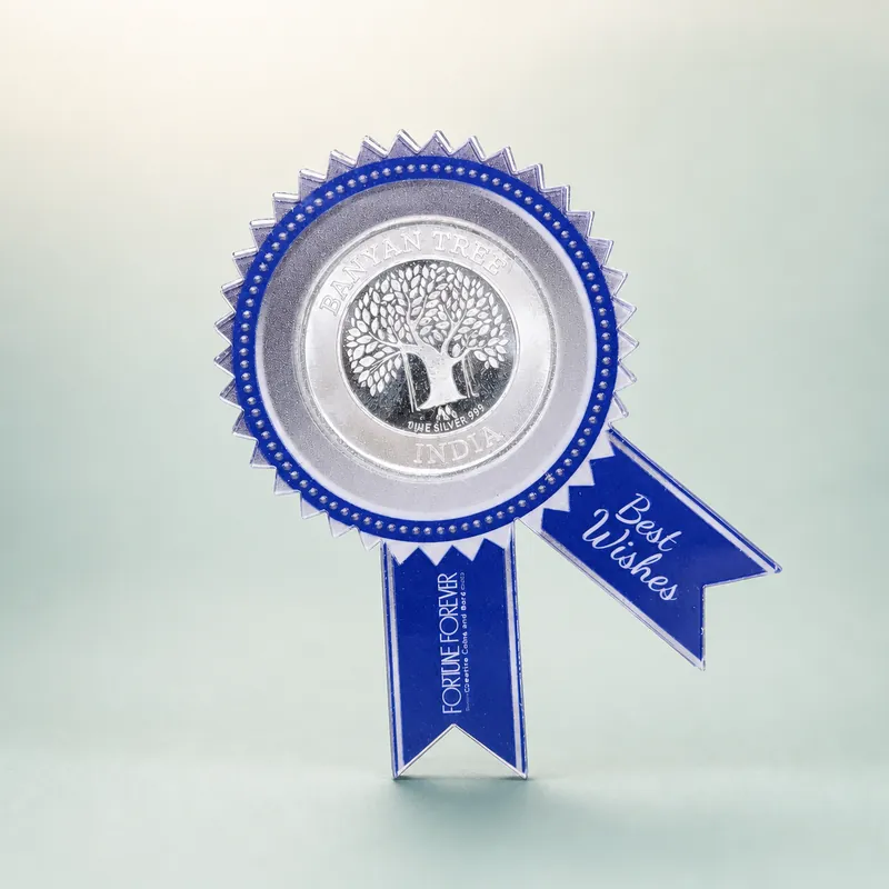 Blue Rosette Award-Ribbon Coin Holder — Banyan Tree 10 g - front - 925 Sterling Silver